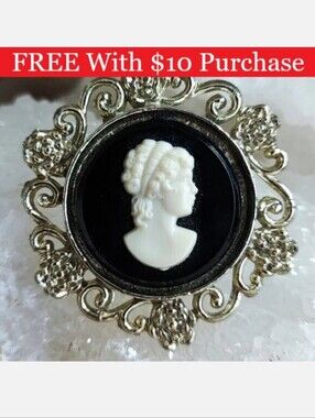 Vintage Cameo Costume Jewelry Black Cream Plastic Brooch Golden Pin RED BANNER
